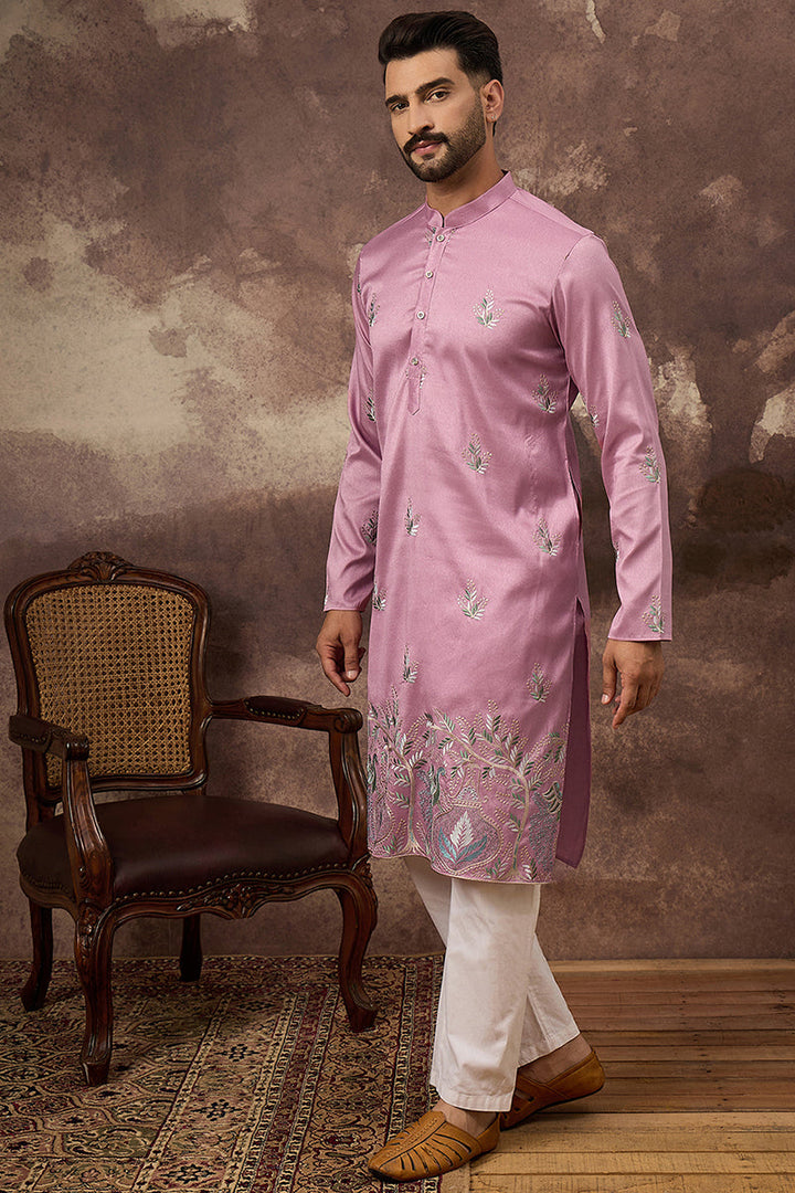 Pink Silk Blend Solid Embroidered Straight Kurta with Trouser | SHOBITAM