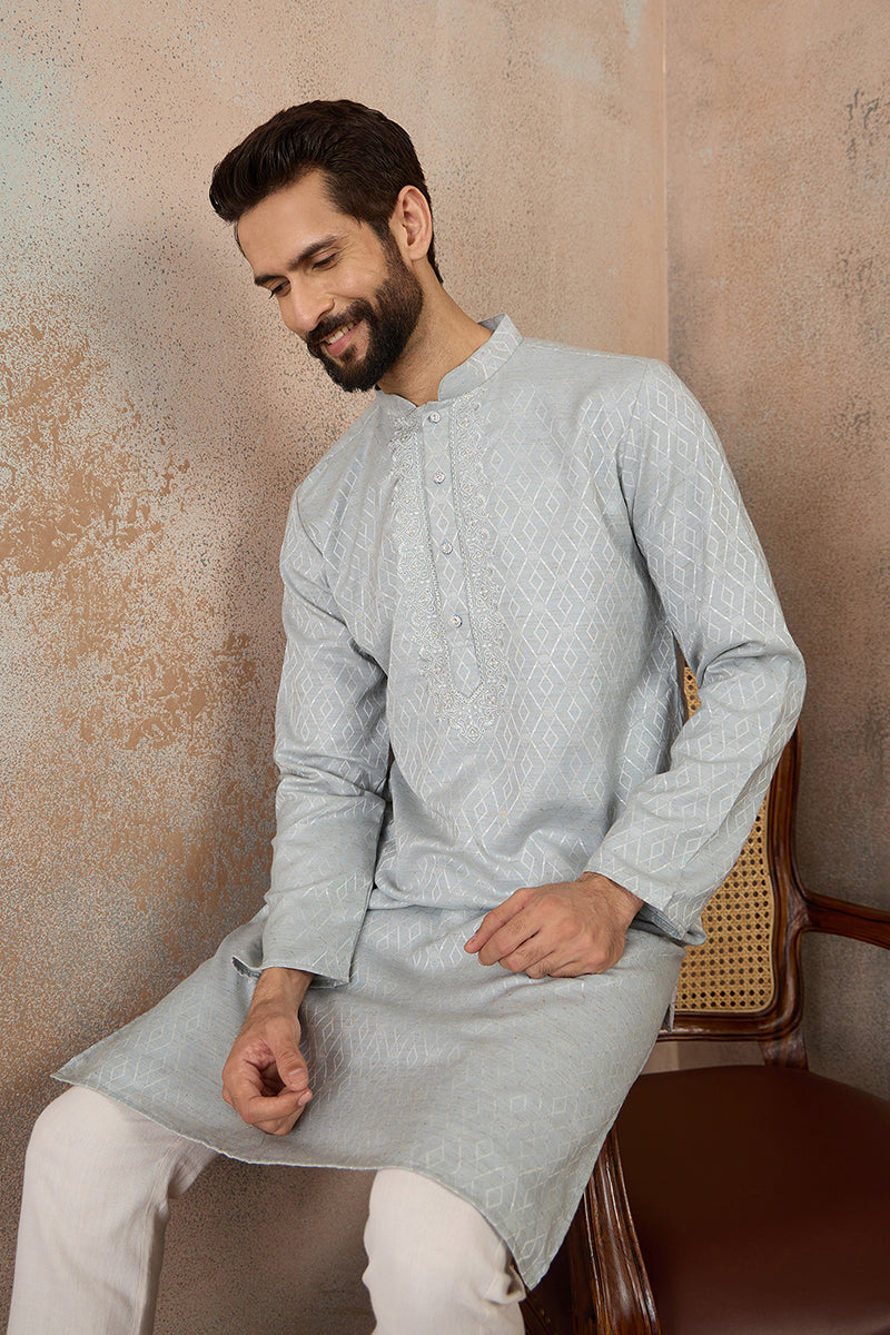 Mens Blue Linen Self Design Embroidered Kurta With Trouser | SHOBITAM