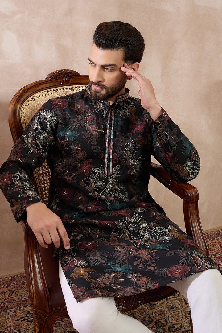 Black Silk Blend Printed Mandarin Collar Straight Kurta For Men | SHOBITAM