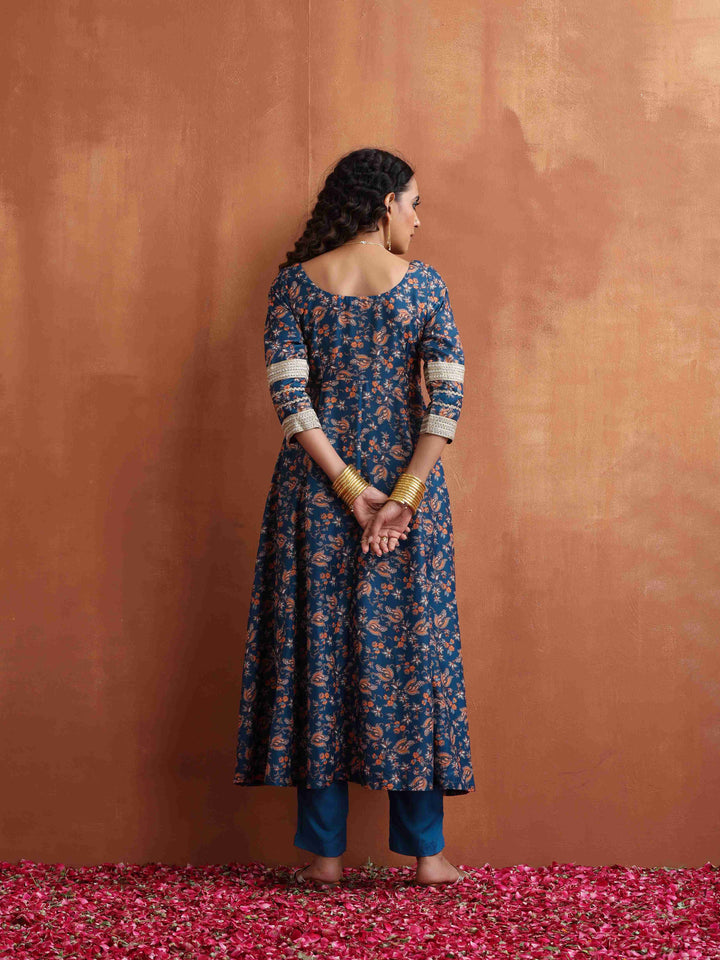 Blue Print Flared Anarakali Kurta Set | SHOBITAM | SHOBITAM