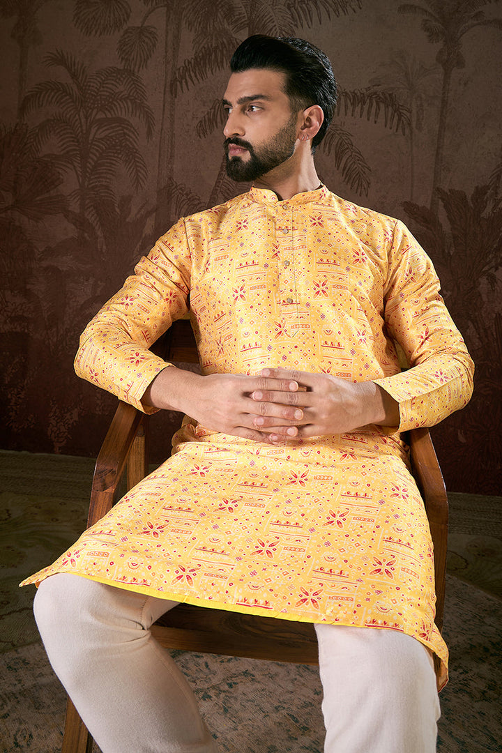 Yellow Silk Blend Ethnic Motifs Printed Straight Kurta For Men | SHOBITAM