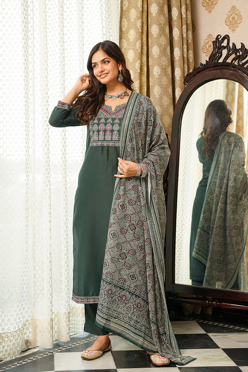 Green Cotton Blend Ajrakh Printed Straight Kurta Trousers With Dupatta | SHOBITAM