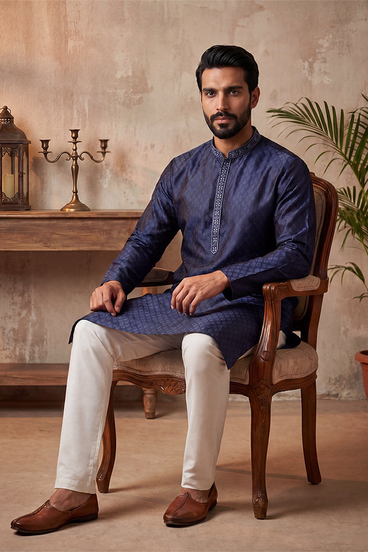 Mens Blue Jacquard Woven Design Straight Kurta With Trouser | SHOBITAM