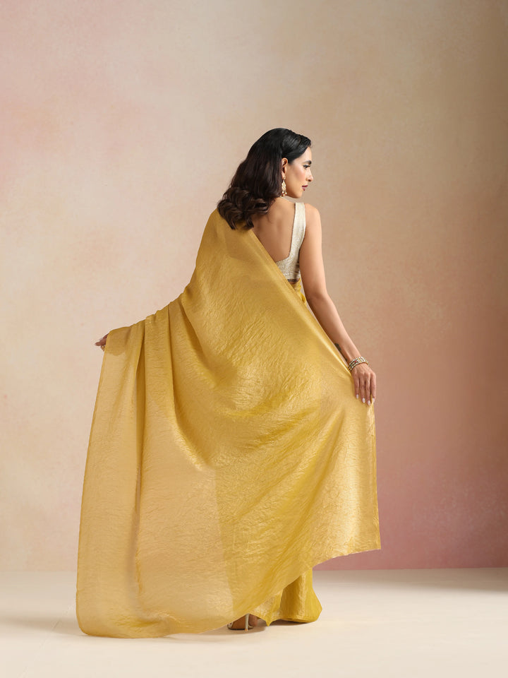 Mustard Tissue Stripe Saree With Unstitched Blouse | SHOBITAM