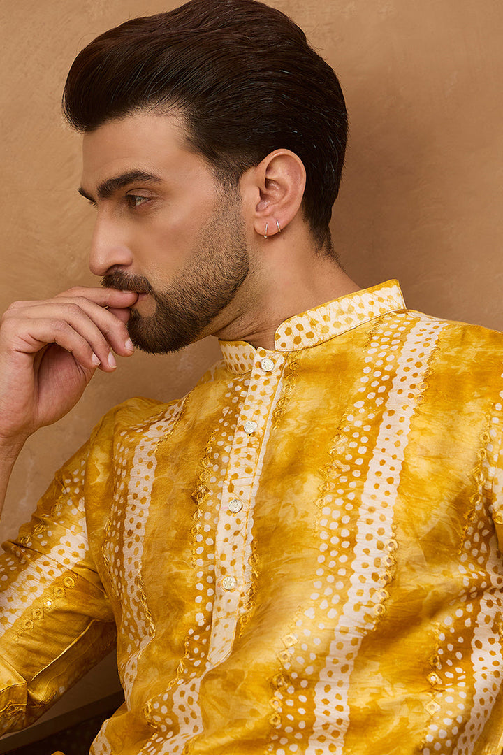 Yellow Silk Blend Shibori Embroidered Straight Kurta | SHOBITAM