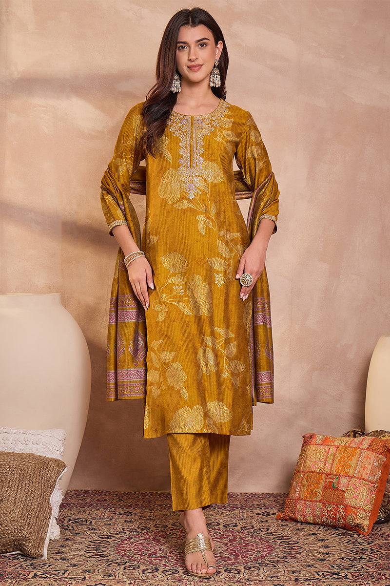 Mustard Silk Blend Floral Printed Straight Kurta Trouser With Dupatta | SHOBITAM