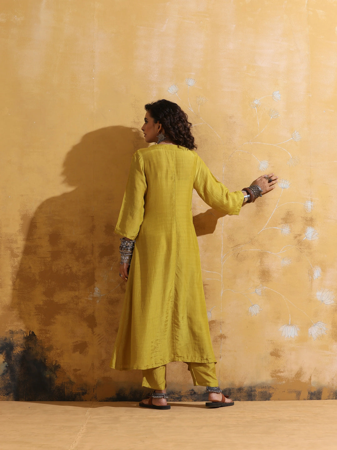 Lime Muslin Silk Angrakha Kurta Pant Set  | SHOBITAM