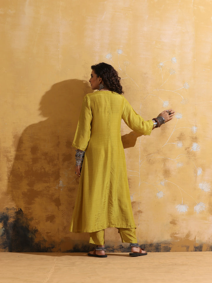 Lime Muslin Silk Angrakha Kurta Pant Set  | SHOBITAM