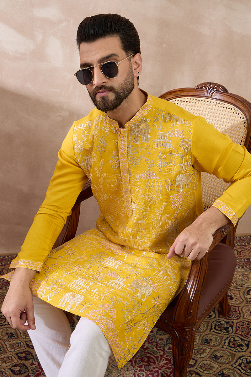 Yellow Silk Blend Embroidered Mandarin Collar Straight Kurta With Trouser For Men | SHOBITAM