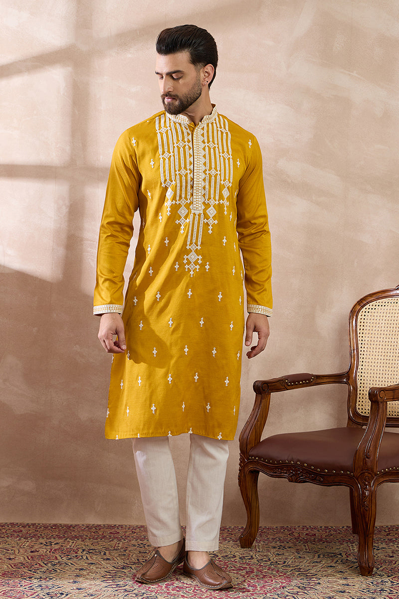 Yellow Silk Blend Embroidered Mandarin Collar Straight Kurta With Trouser | SHOBITAM