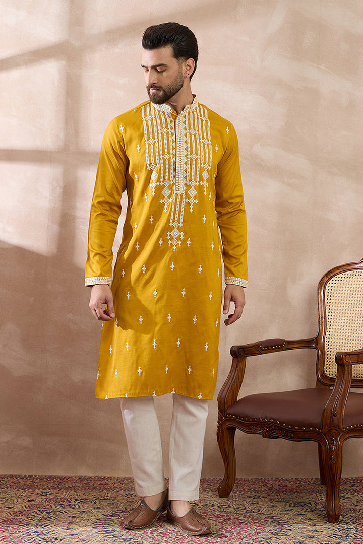 Yellow Silk Blend Embroidered Mandarin Collar Straight Kurta With Trouser | SHOBITAM