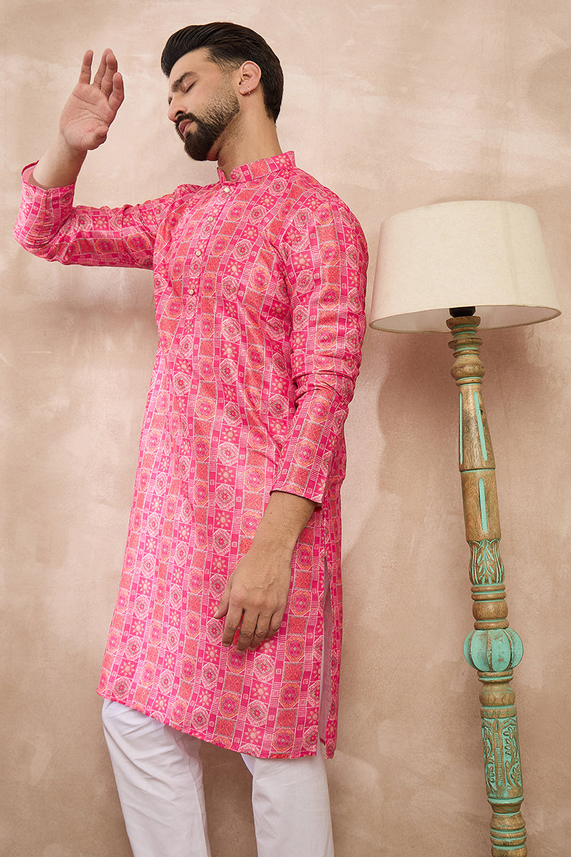 Pink Silk Blend Ethnic Motifs Printed Straight Kurta With Trouser | SHOBITAM