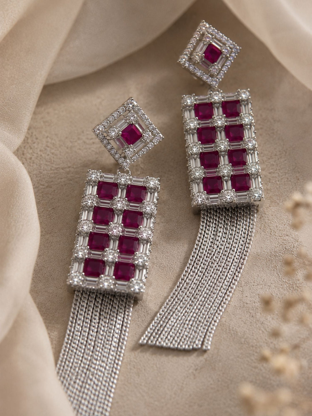 Ruby CZ Tassel Earrings in Silver Finish – Party Wear | SHOBITAM