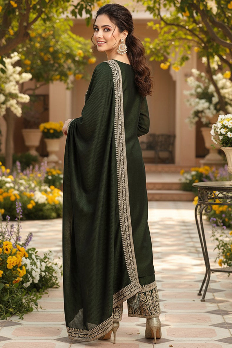 Green Silk Blend Solid Embroidered Straight Style Suit Set | SHOBITAM