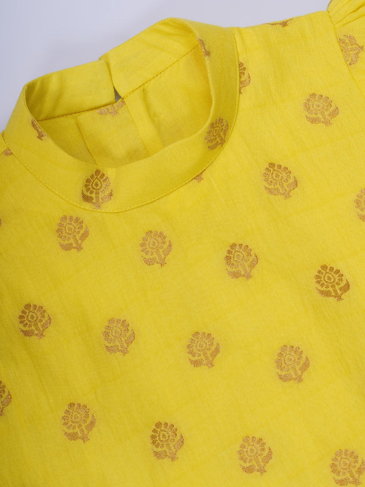 Girls Cotton Puff Sleeves Floral Embroidery Ready to wear Blouse with Ready to wear Chanderi Saree - Yellow & Green | SHOBITAM