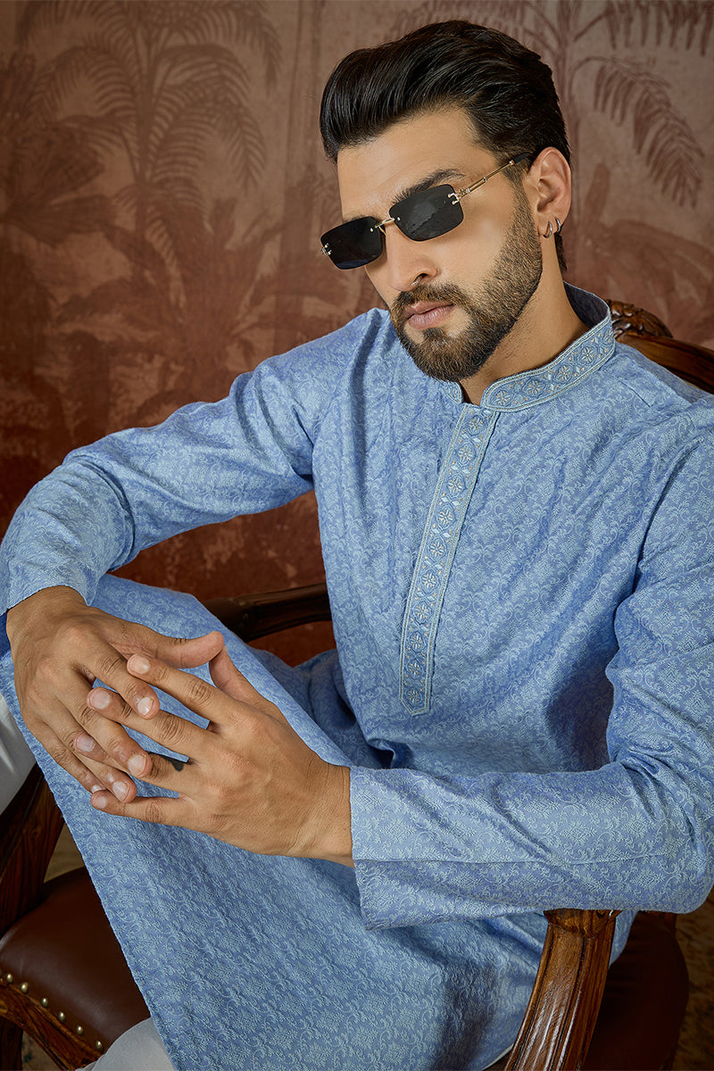 Mens Blue Jacquard Solid Embroidered Kurta  | SHOBITAM
