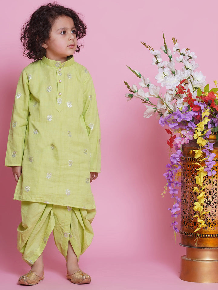 Cotton Full Sleeves Rose Zari Embroidered Kurta with Dhoti -Fern Green | SHOBITAM