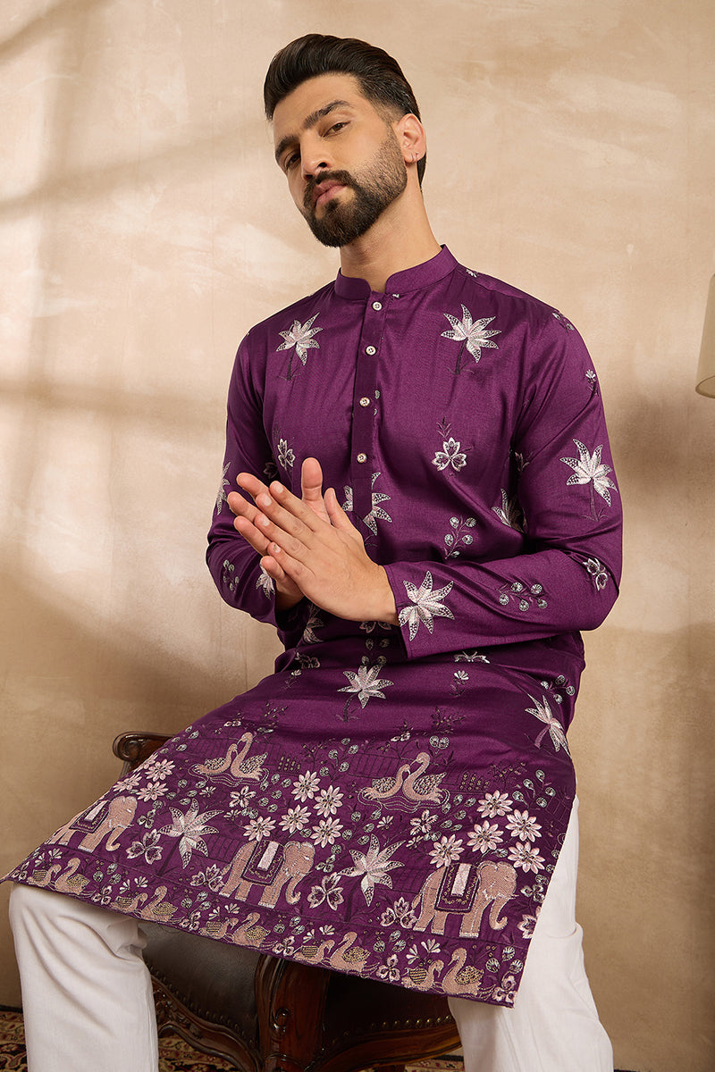 Purple Polyester Solid Embroidered Straight Kurta With Trouser | SHOBITAM