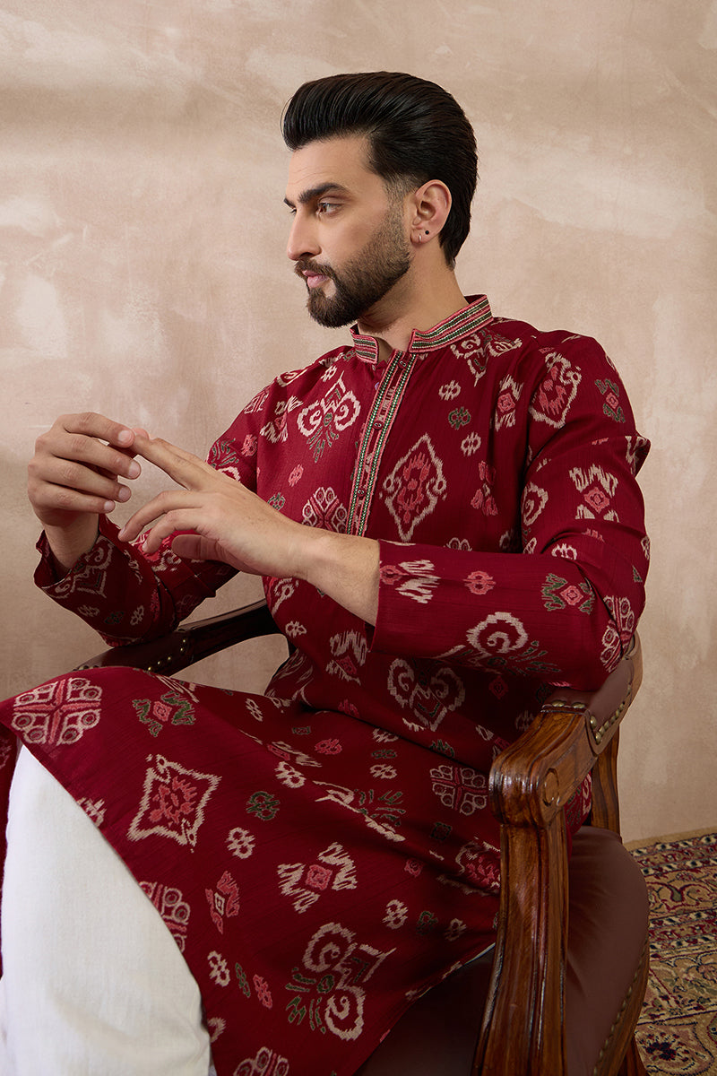 Red Silk Blend Printed Mandarin Collar Straight Kurta For Men | SHOBITAM