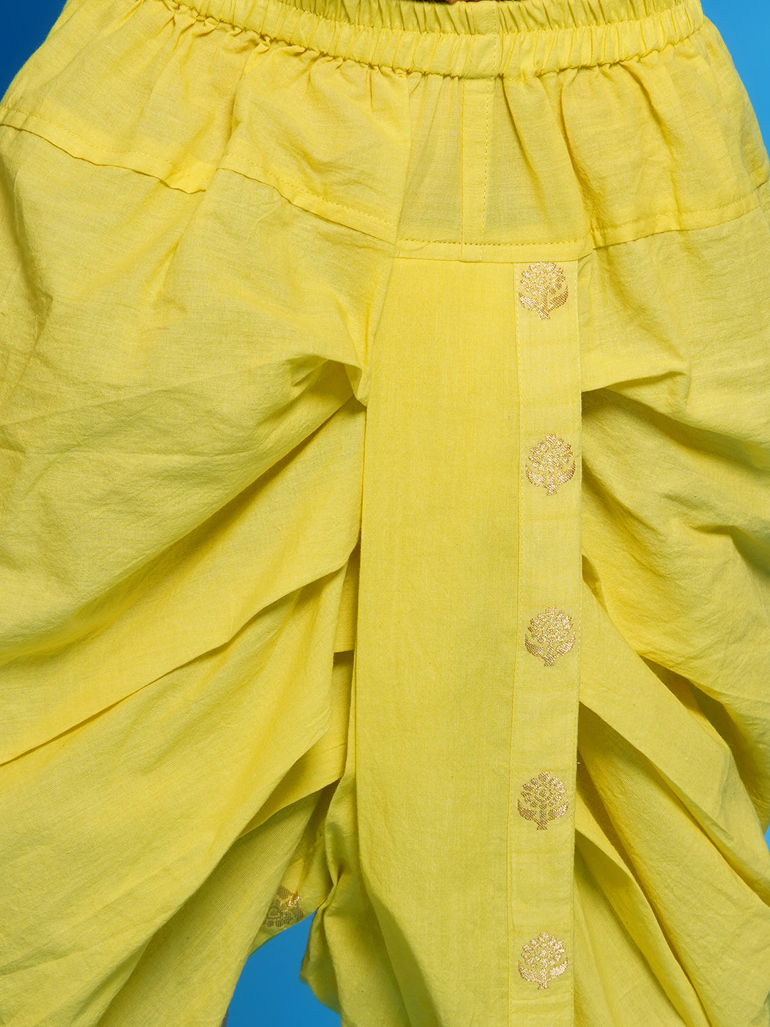 Cotton Sleevelees Golden Floral Embrodiery Nehru Jacket with Kurta and Dhoti - Kaccha Yellow | SHOBITAM