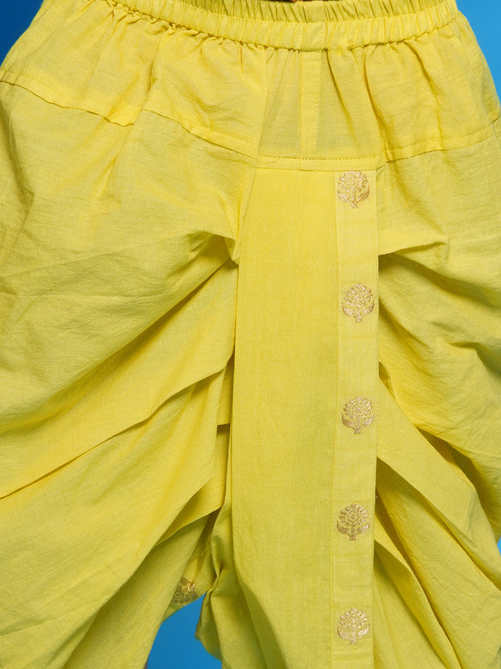 Cotton Sleevelees Golden Floral Embrodiery Nehru Jacket with Kurta and Dhoti - Kaccha Yellow | SHOBITAM