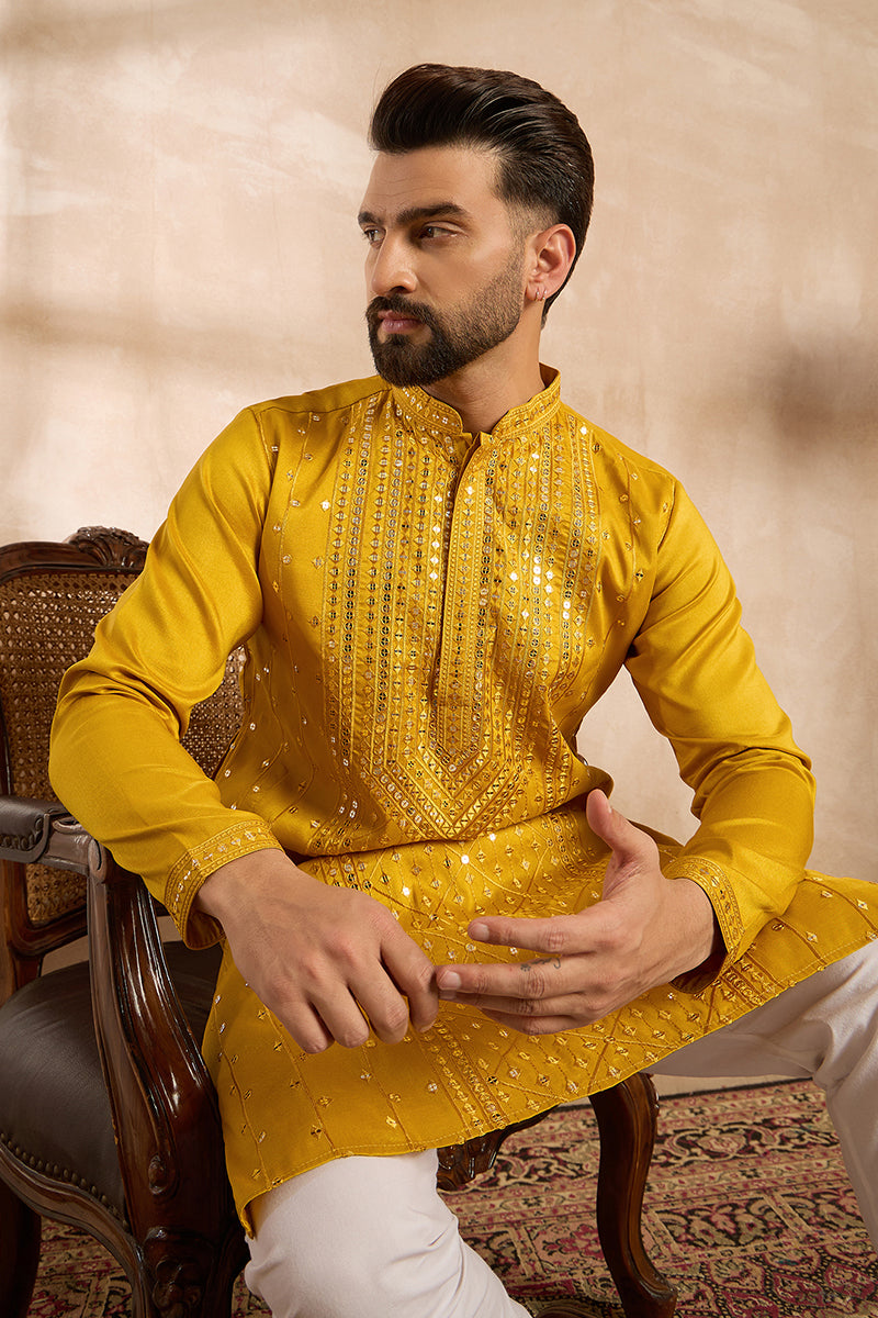 Yellow Silk Blend Geometric Embroidered Straight Kurta | SHOBITAM