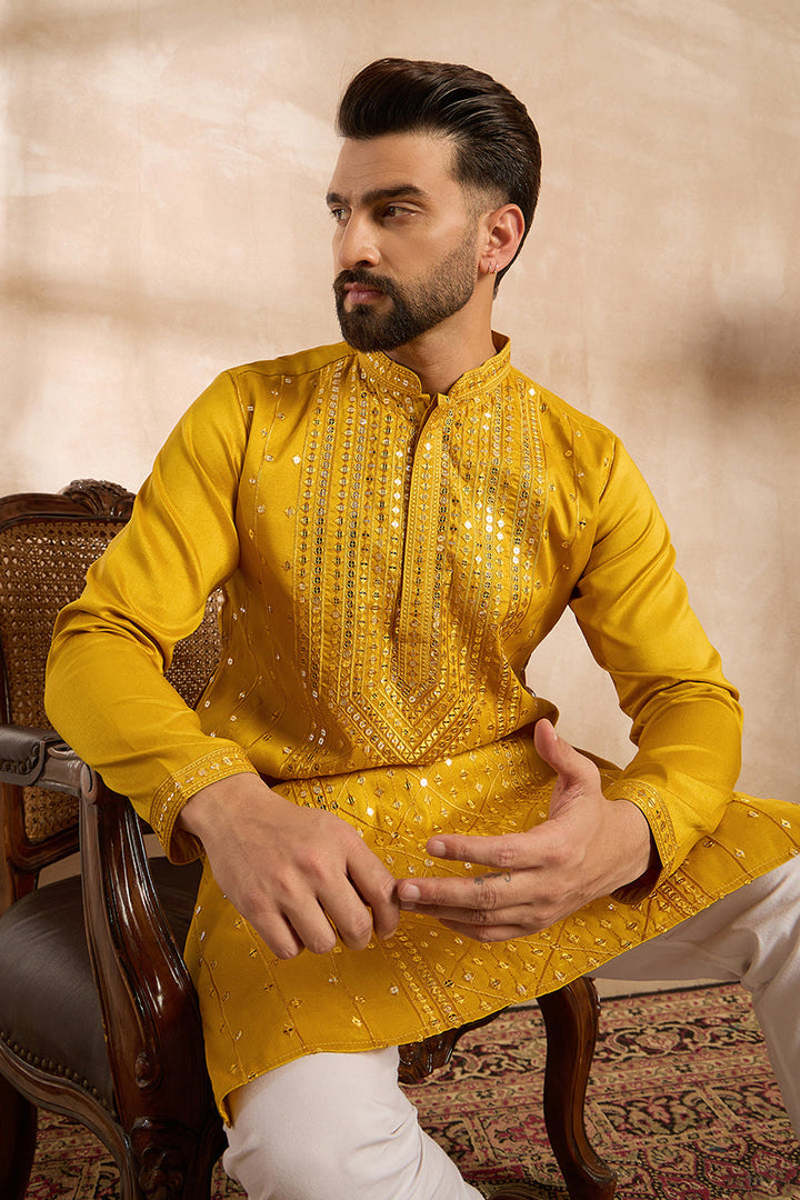 Yellow Silk Blend Geometric Embroidered Straight Kurta | SHOBITAM