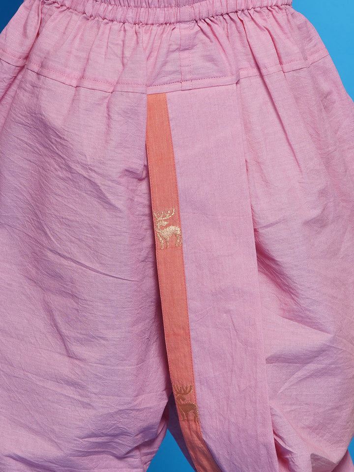 Cotton Sleeveless Golden Deer Embrodiery Nehru Jacket with Kurta and Dhoti - Peach | SHOBITAM