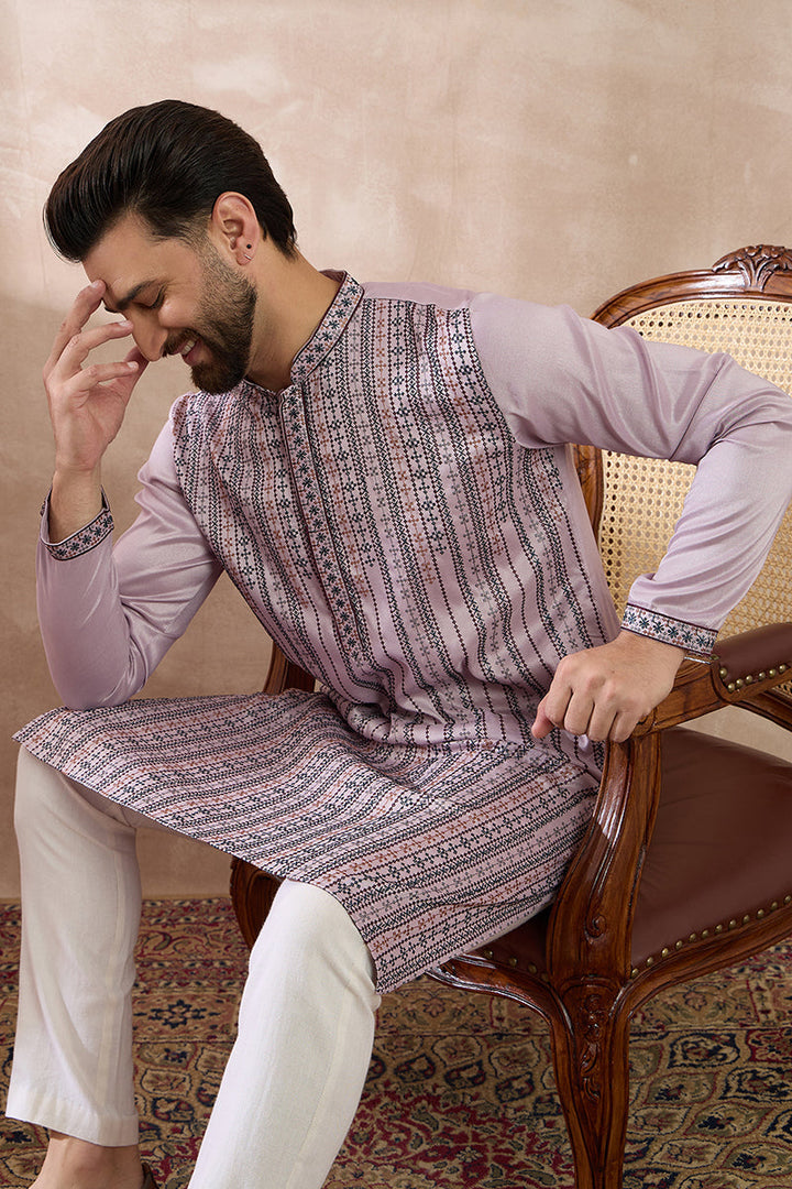 Lavender Silk Blend Embroidered Mandarin Collar Straight Kurta For Men | SHOBITAM