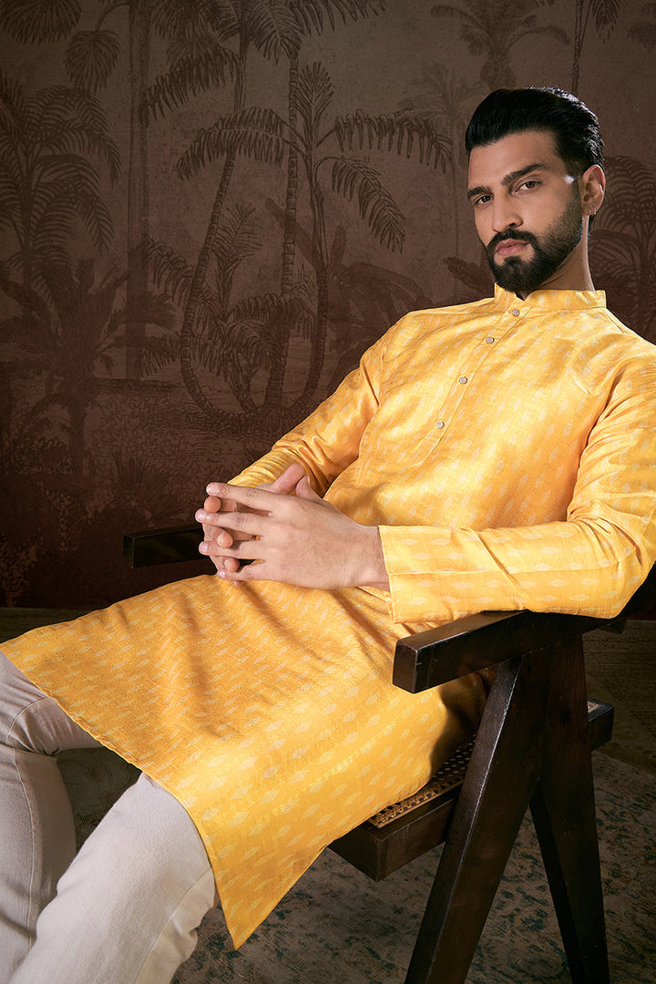 Yellow Silk Blend Ethnic Motifs Printed Straight Kurta For Men | SHOBITAM