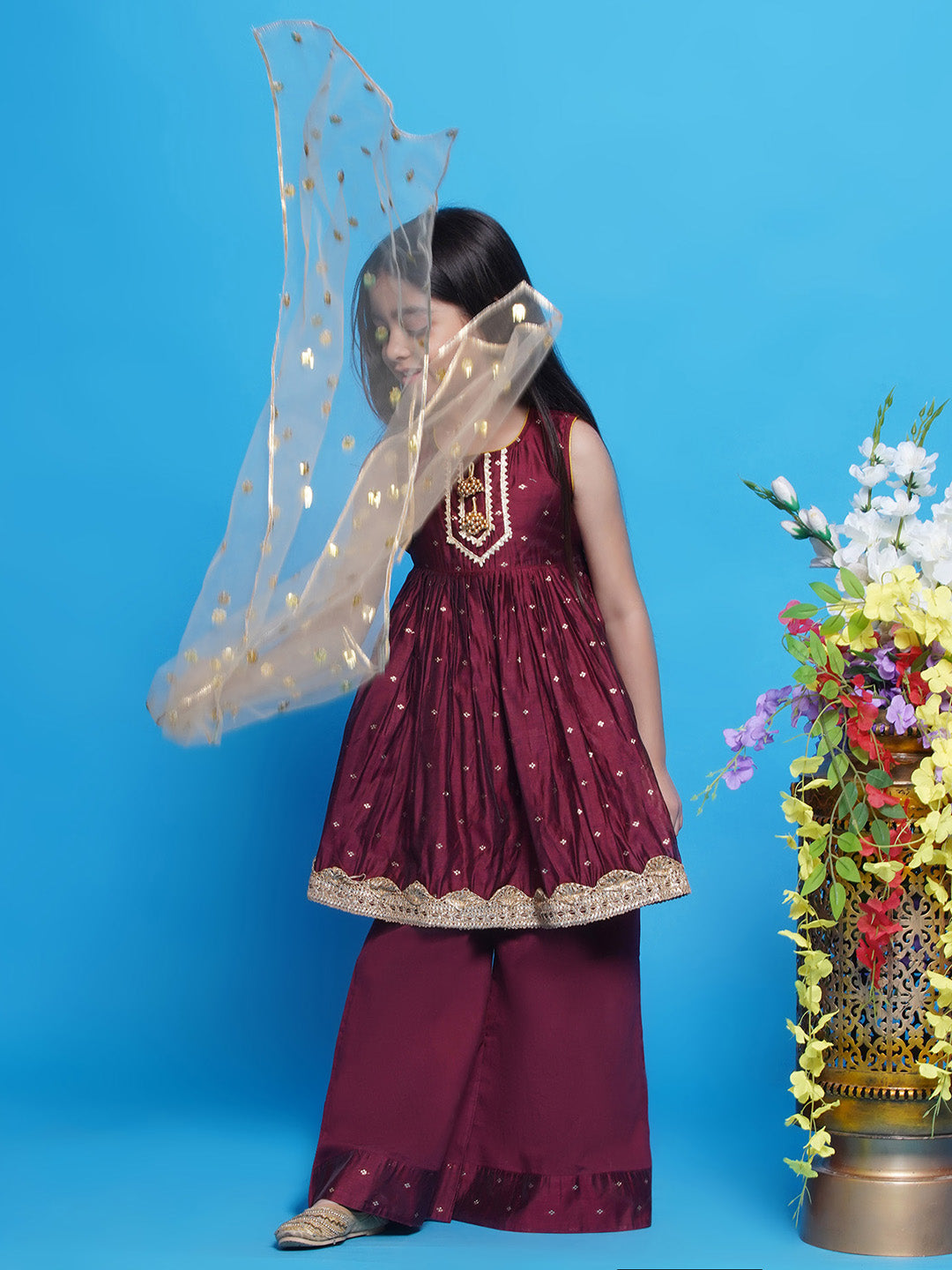 Girls Chanderi Cotton Sleeveless Kurta Frock with Plazzo and Dupatta with Boota, Lace & Tussel work - Pink | SHOBITAM