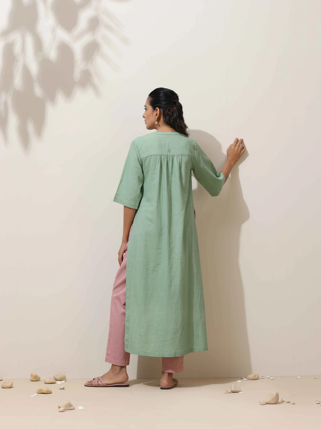 Mint Green Cotton Linen Kurta Pant Set | SHOBITAM