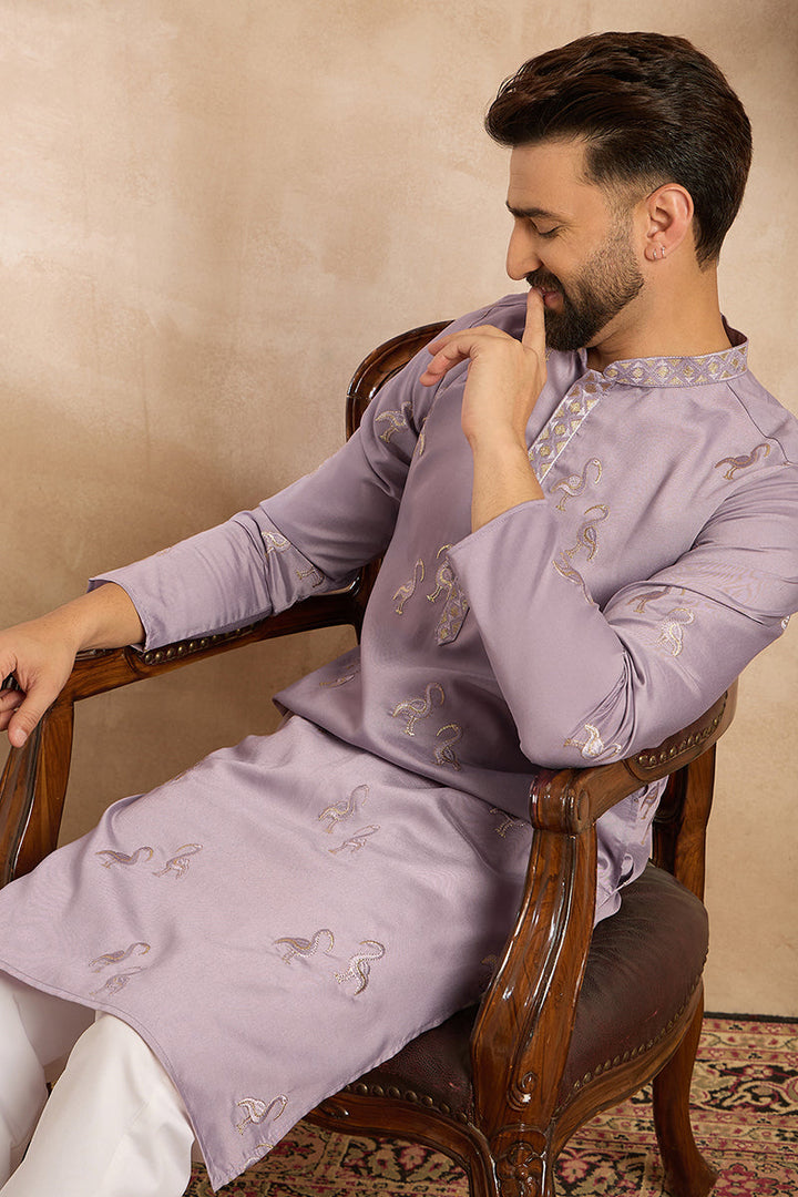 Lavender Silk Blend Solid Embroidered Straight Kurta | SHOBITAM