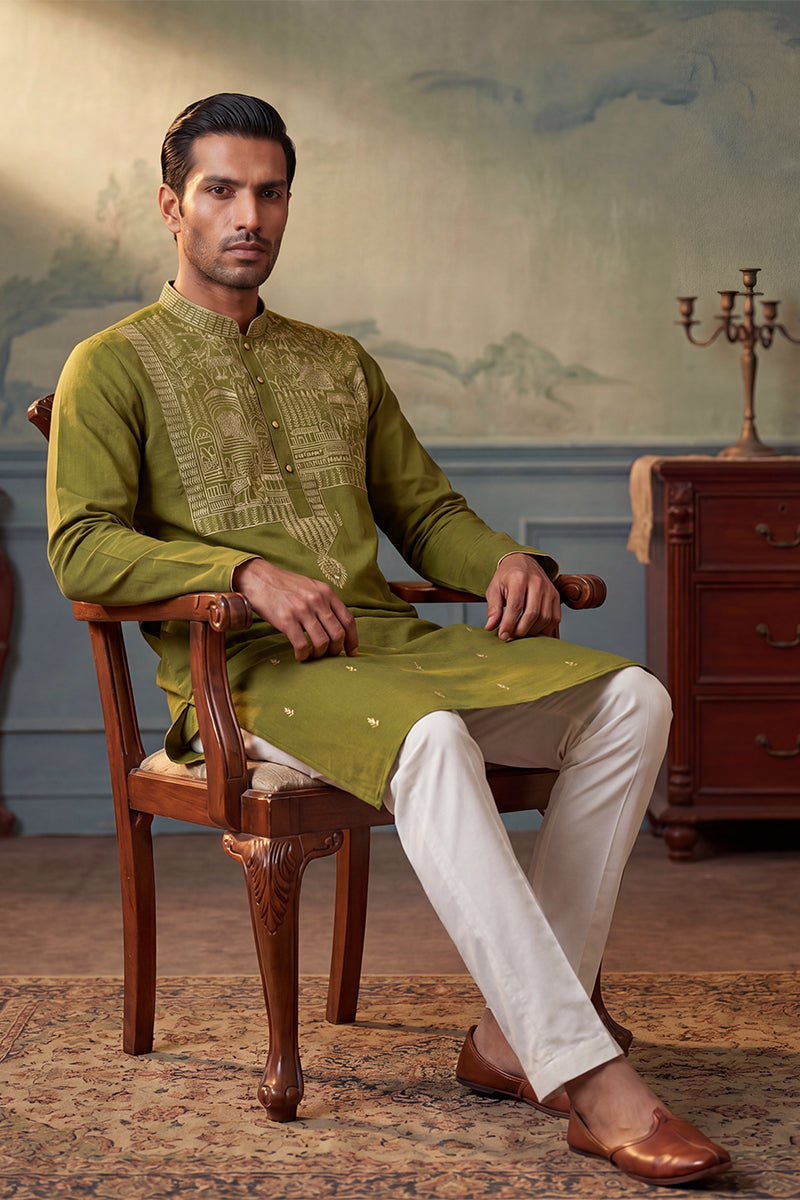 Mens Green Silk Blend Solid Emboidered Straight Kurta With Trouser | SHOBITAM