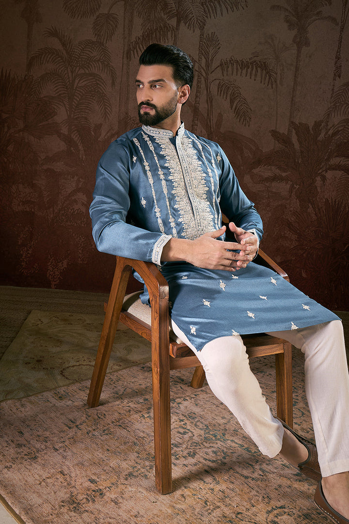 Blue Silk Blend Solid Embroidered Straight Kurta For Men | SHOBITAM