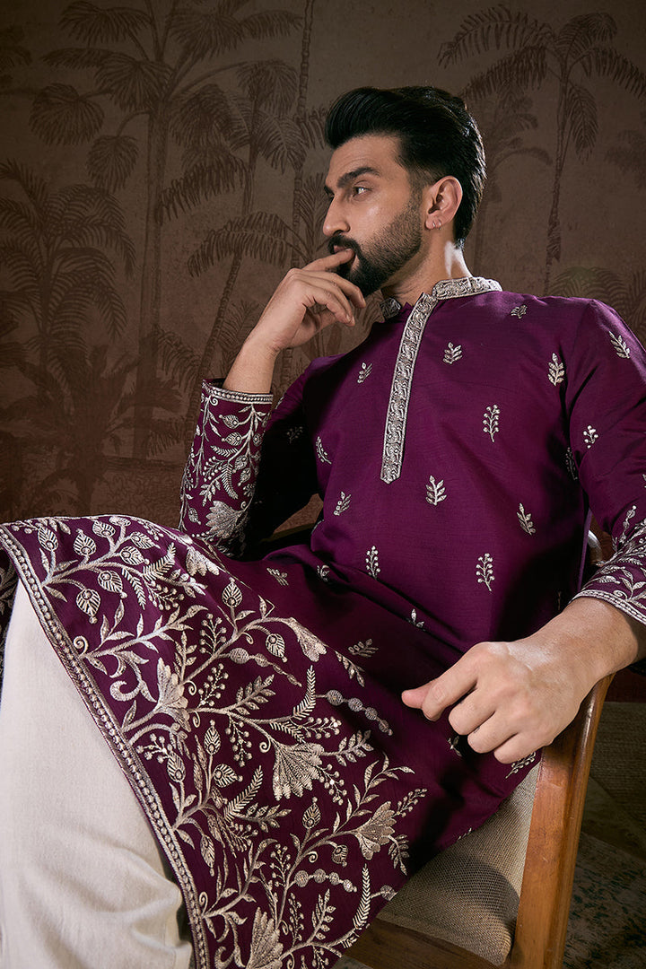 Purple Silk Blend Solid Embroidered Straight Kurta With Trouser | SHOBITAM
