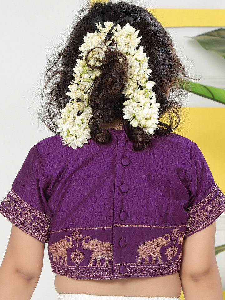 Cream Elephant Zari Embroidery Chanderi Cotton Lehenga with Stitched Purple blouse Set | SHOBITAM