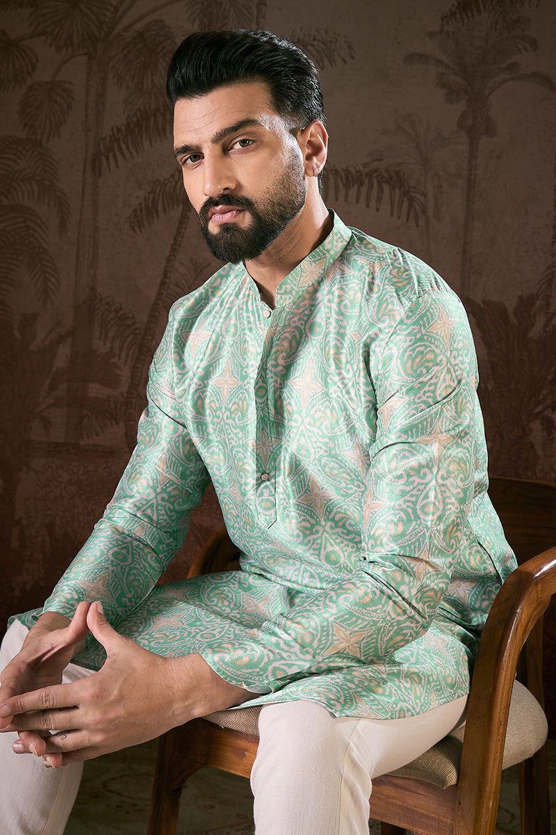 Turquoise Blue Silk Blend Abstract Printed Straight Kurta With Trouser | SHOBITAM