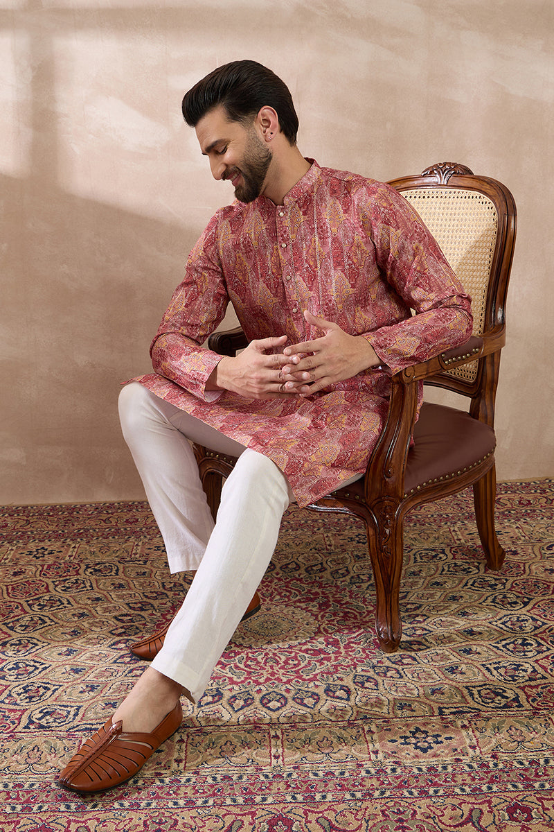 Pink Silk Blend Printed Mandarin Collar Straight Kurta With Trouser | SHOBITAM