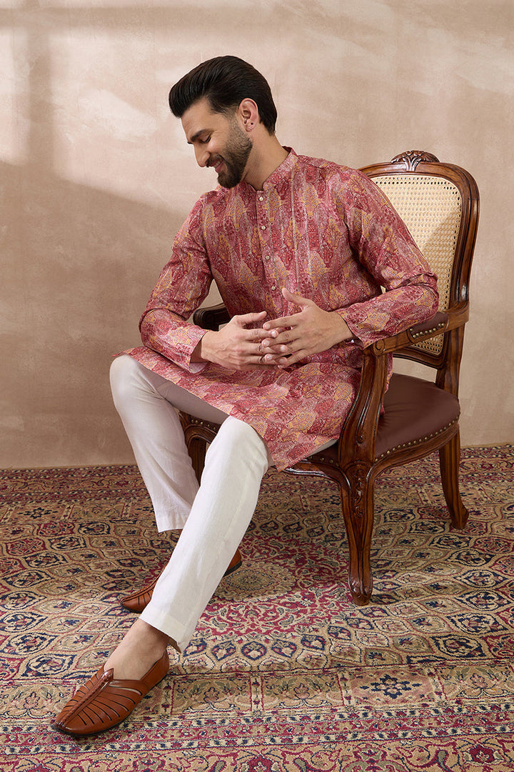 Pink Silk Blend Printed Mandarin Collar Straight Kurta With Trouser | SHOBITAM