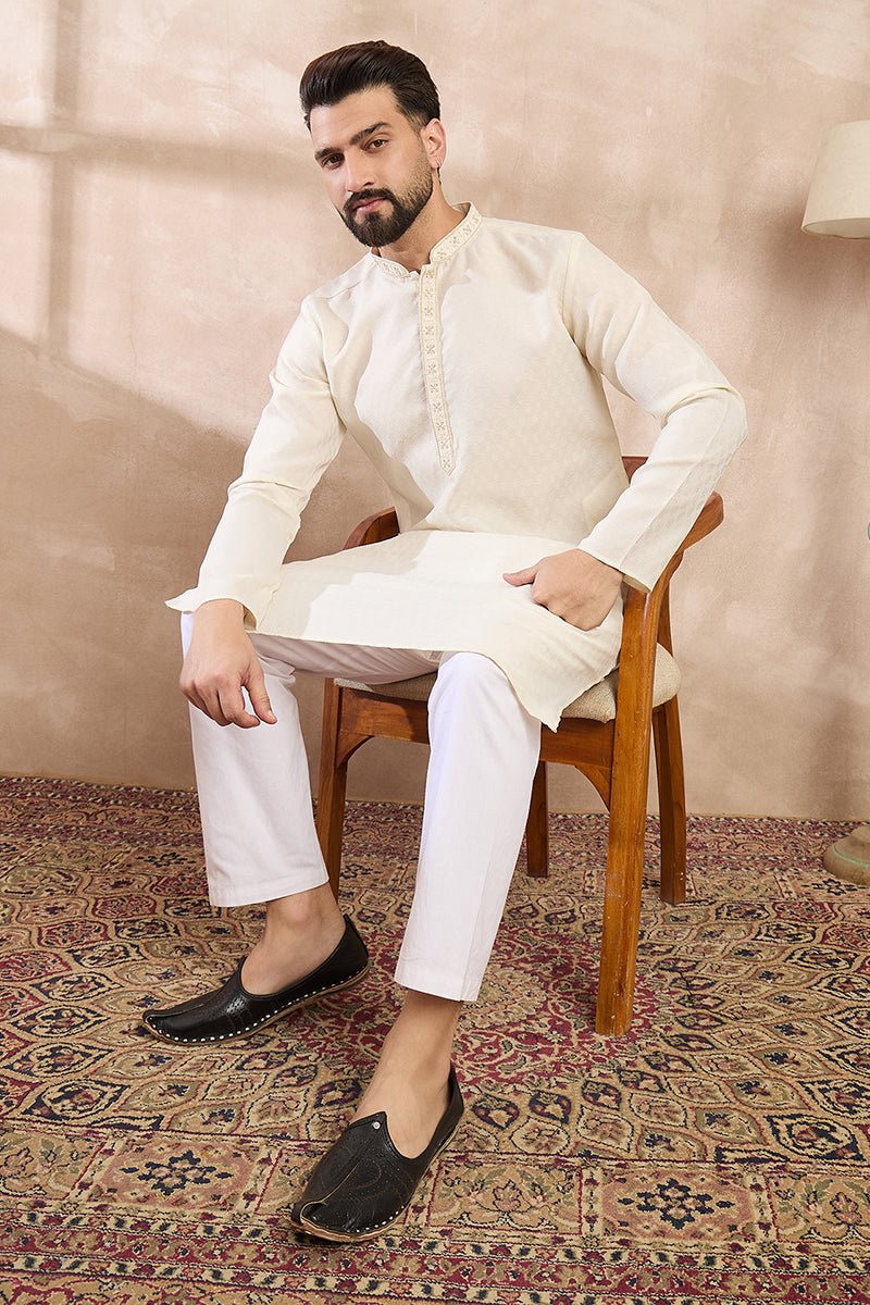 Off White Silk Blend Solid Woven Design Straight Kurta For Men | SHOBITAM