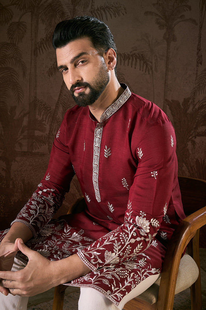 Maroon Silk Blend Solid Embroidered Straight Kurta With Trouser | SHOBITAM
