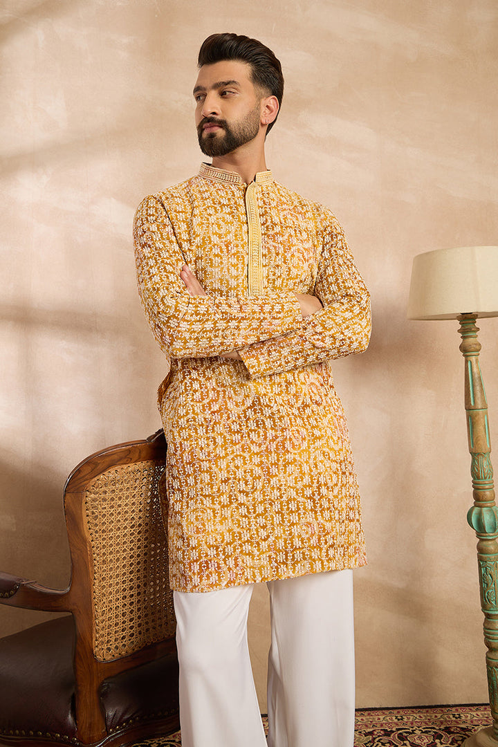 Yellow Viscose Rayon Batik Embroidered Straight Kurta | SHOBITAM