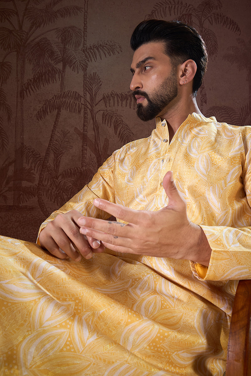 Yellow Silk Blend Floral Printed Straight Kurta For Men | SHOBITAM