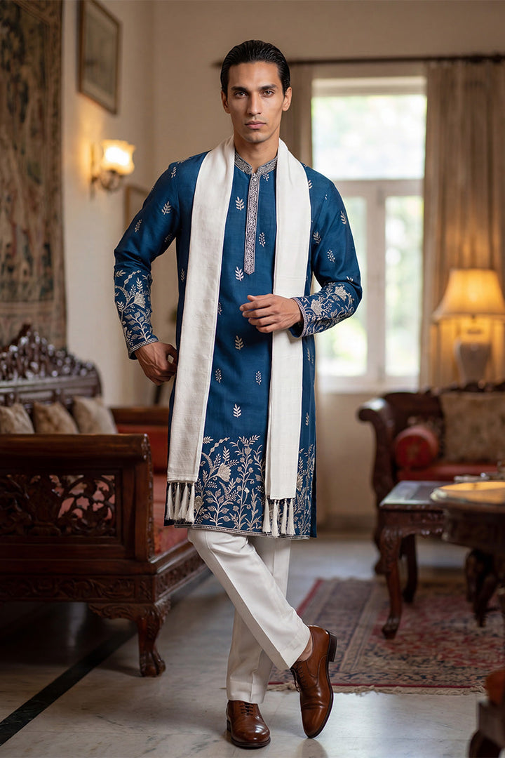 Men Blue Chanderi Silk Solid Embroidered Straight Kurta Trouser with Dupatta  | SHOBITAM