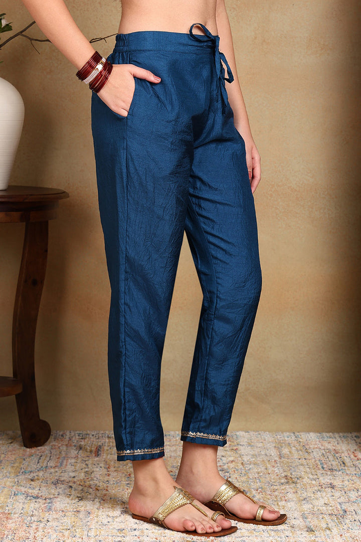 Silk Blend Blue Embroidered Straight Kurta Pant With Dupatta | SHOBITAM