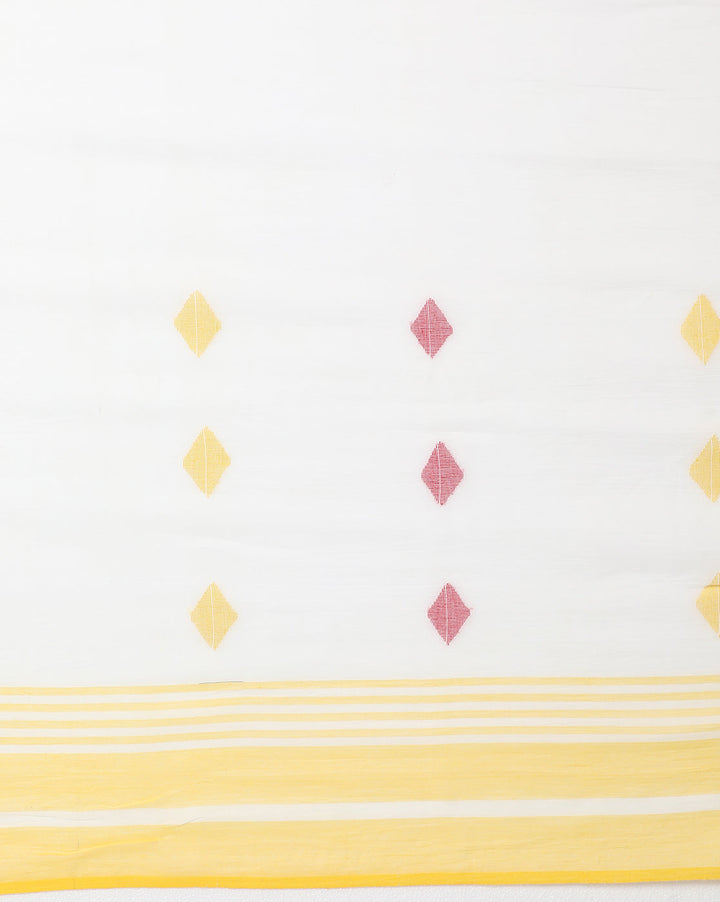 White Red Diamond Jamdani Cotton Saree | SHOBITAM