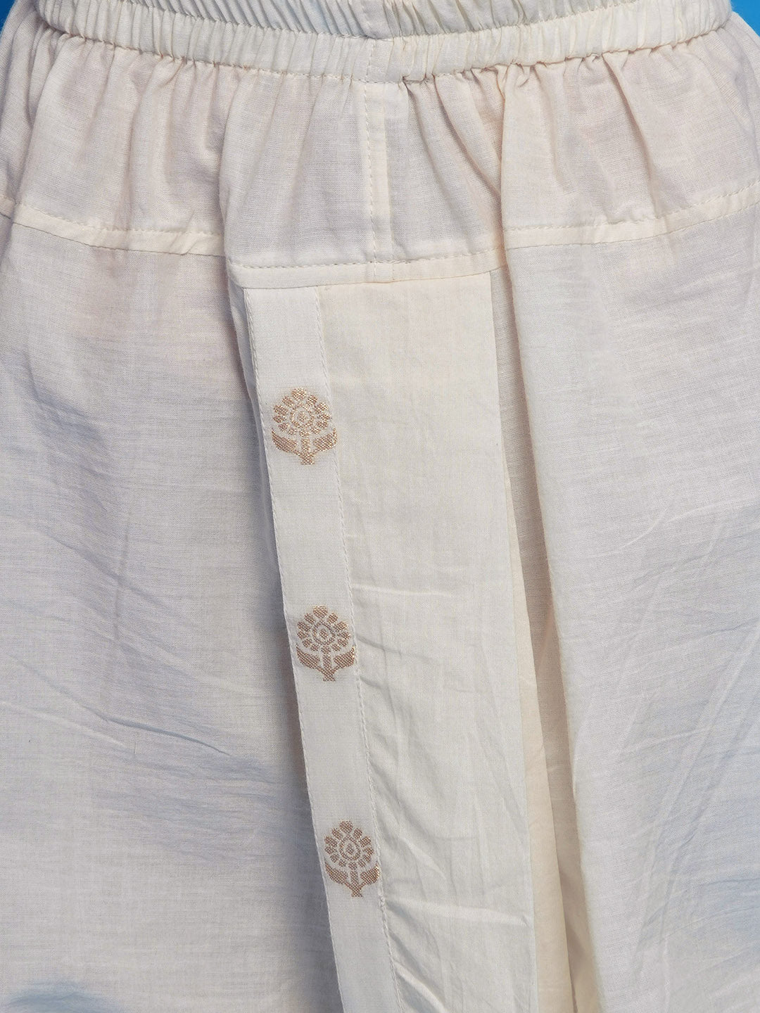 Cotton Sleevelees Golden Floral Embrodiery Nehru Jacket with Kurta and Dhoti - Cream | SHOBITAM