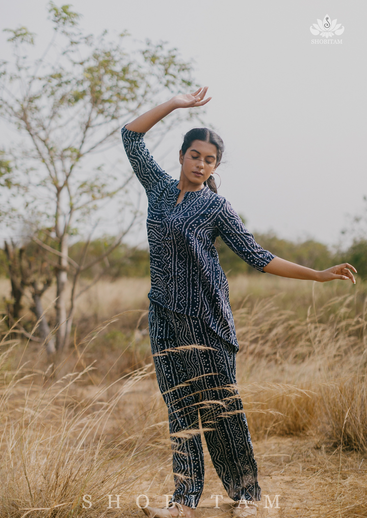 Co-ord set in Navy Blue with Bandhni Print on Rayon Cotton | Made To Order