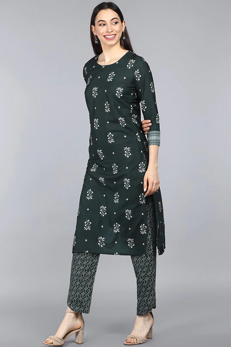 Dark Green Poly Crepe Floral Printed Straight Suit Set | SHOBITAM